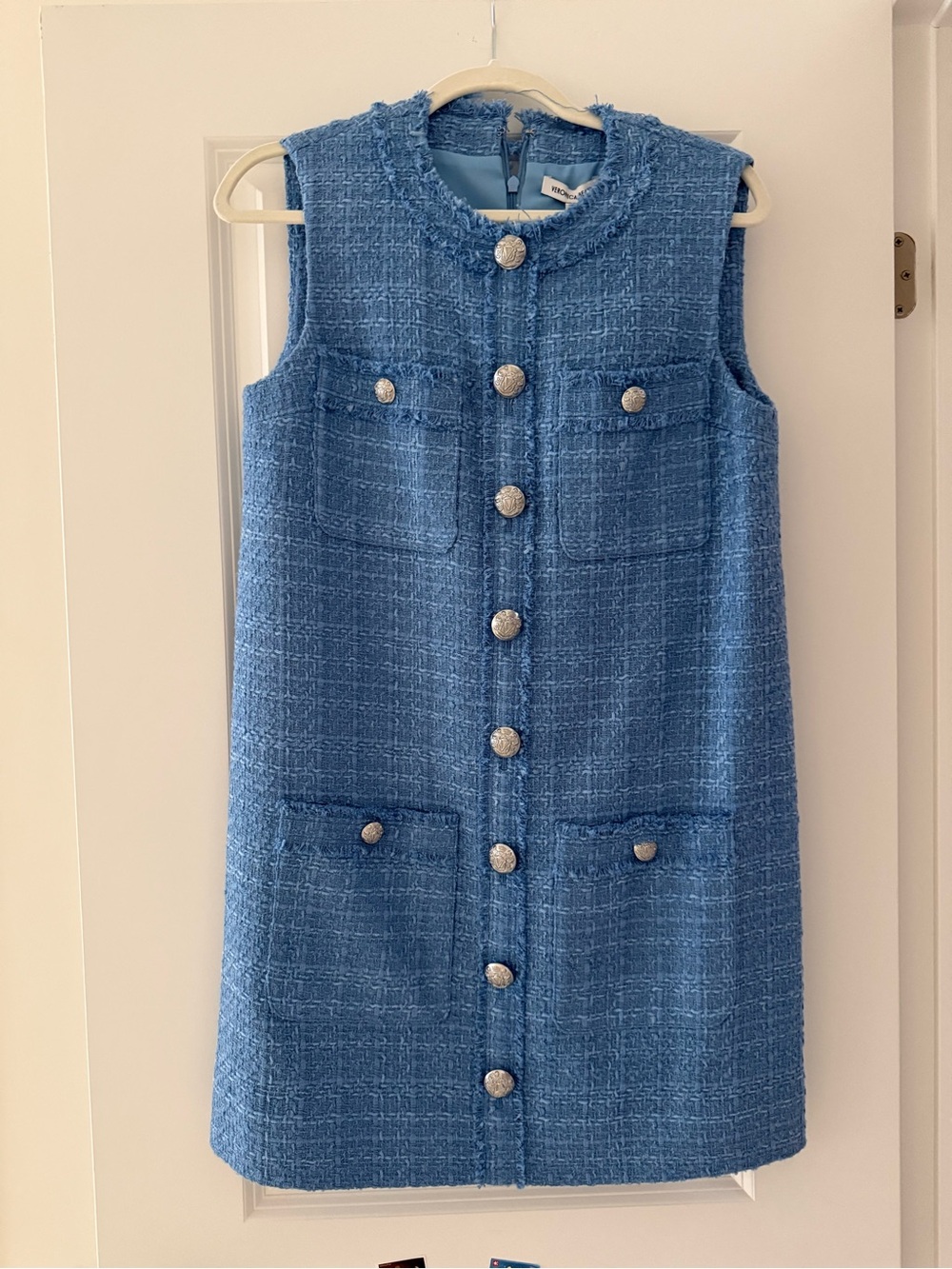 Veronica Beard Sky Blue Tweed Sleeveless Button-Front Mini Dress - Picture 2 of 5